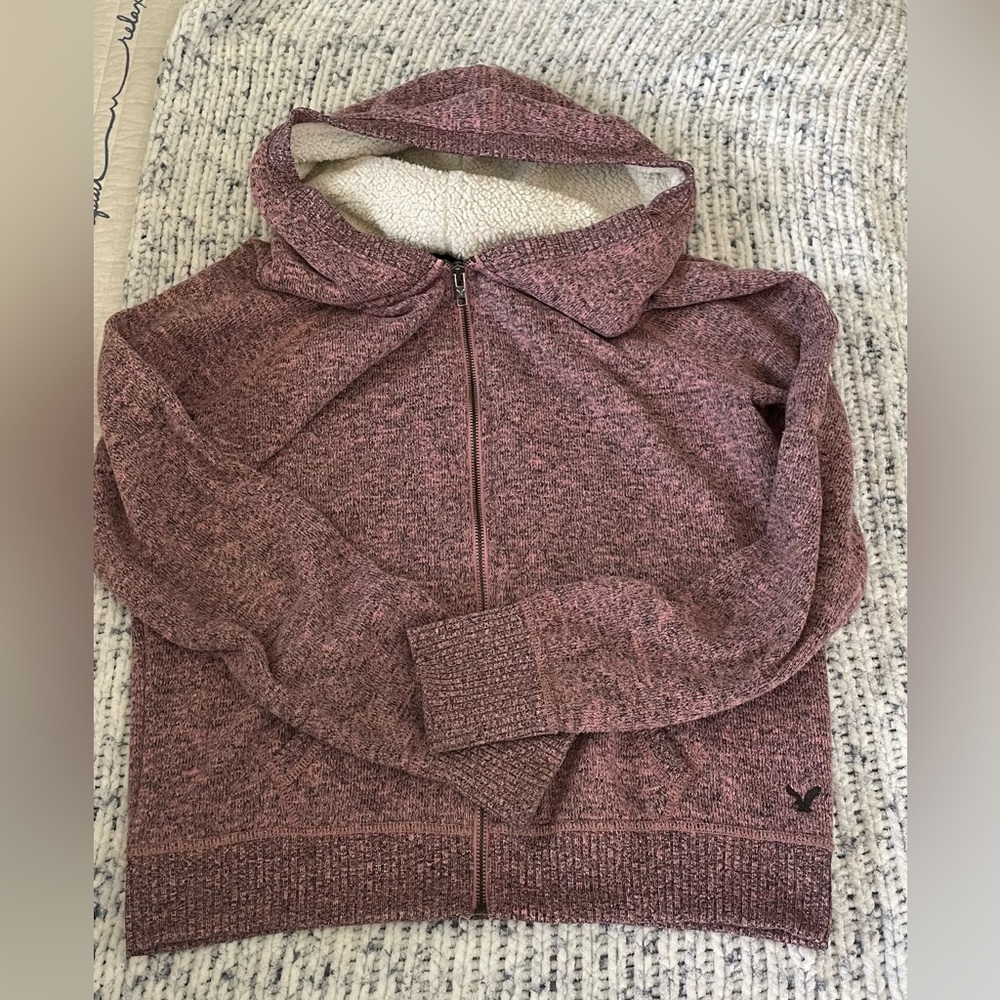 American Eagle Outfitters pink zip up hoodie with Sherpa lined hood.